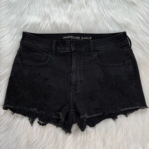 American Eagle Black Denim Lace Detail Hi Rise Shortie